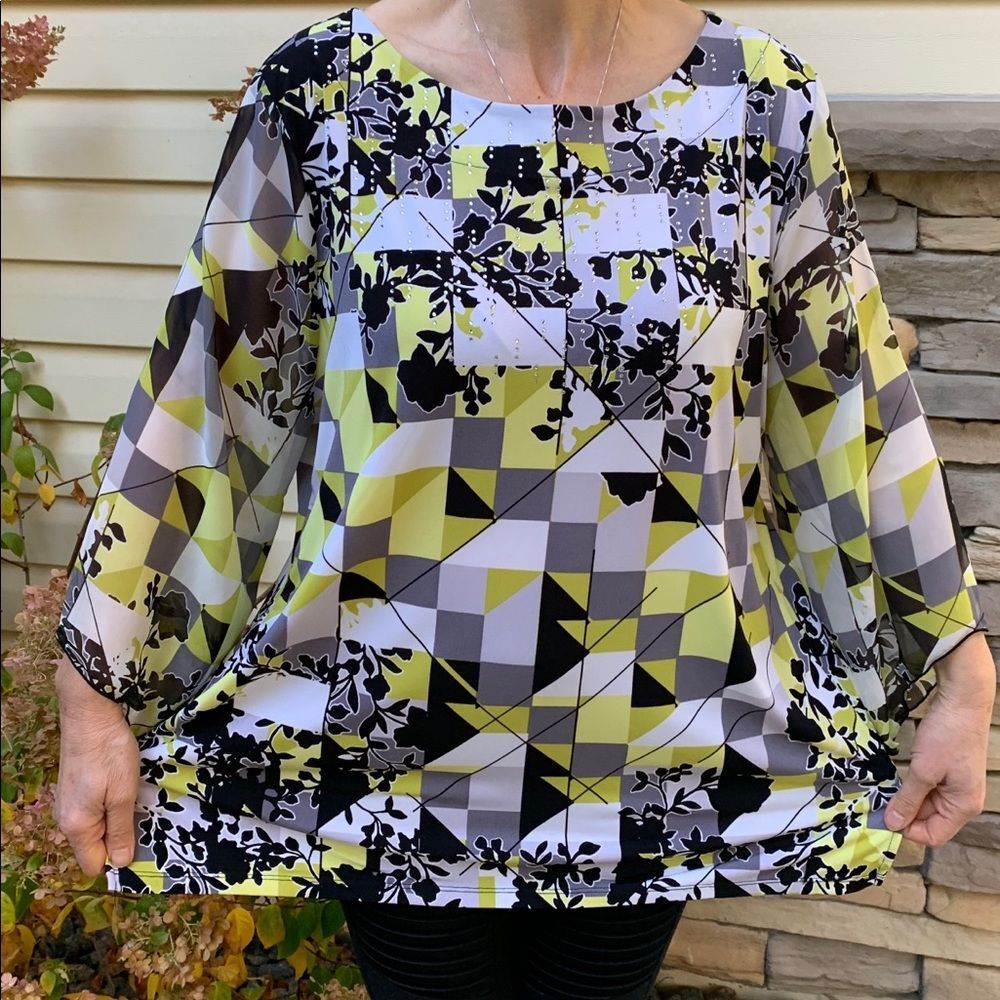 JM Collection, colorful long sleeved blouse, decorated with rhinestones,XL